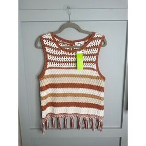 Sam Edelman Fynn Crochet Tank Top Baked‎ Clay Striped Fringe XL 30190684-VS7